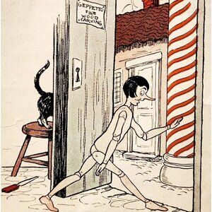 1927 Violet Moore Higgins Pinocchio Print Escaping Wood Shop Lithograph DWSS12